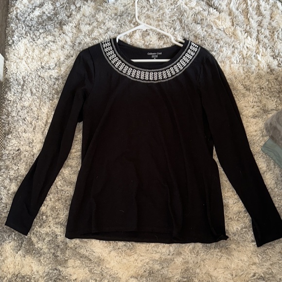 Coldwater Creek, 100% cotton black long sleeve top with embroidered neckline - Picture 2 of 5